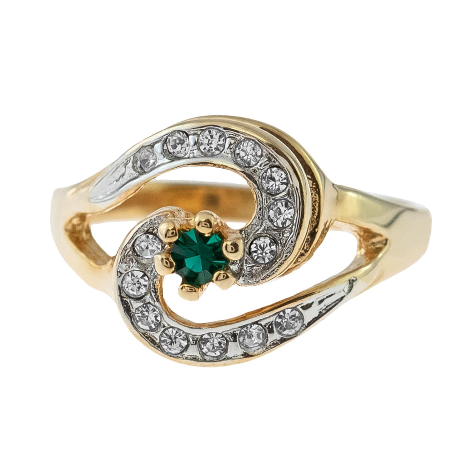 Vintage 18k HGE Two-Tone Ring with Emerald Cubic Zirconia and Clear Austrian Crystals - Made in USA jewelry image 1