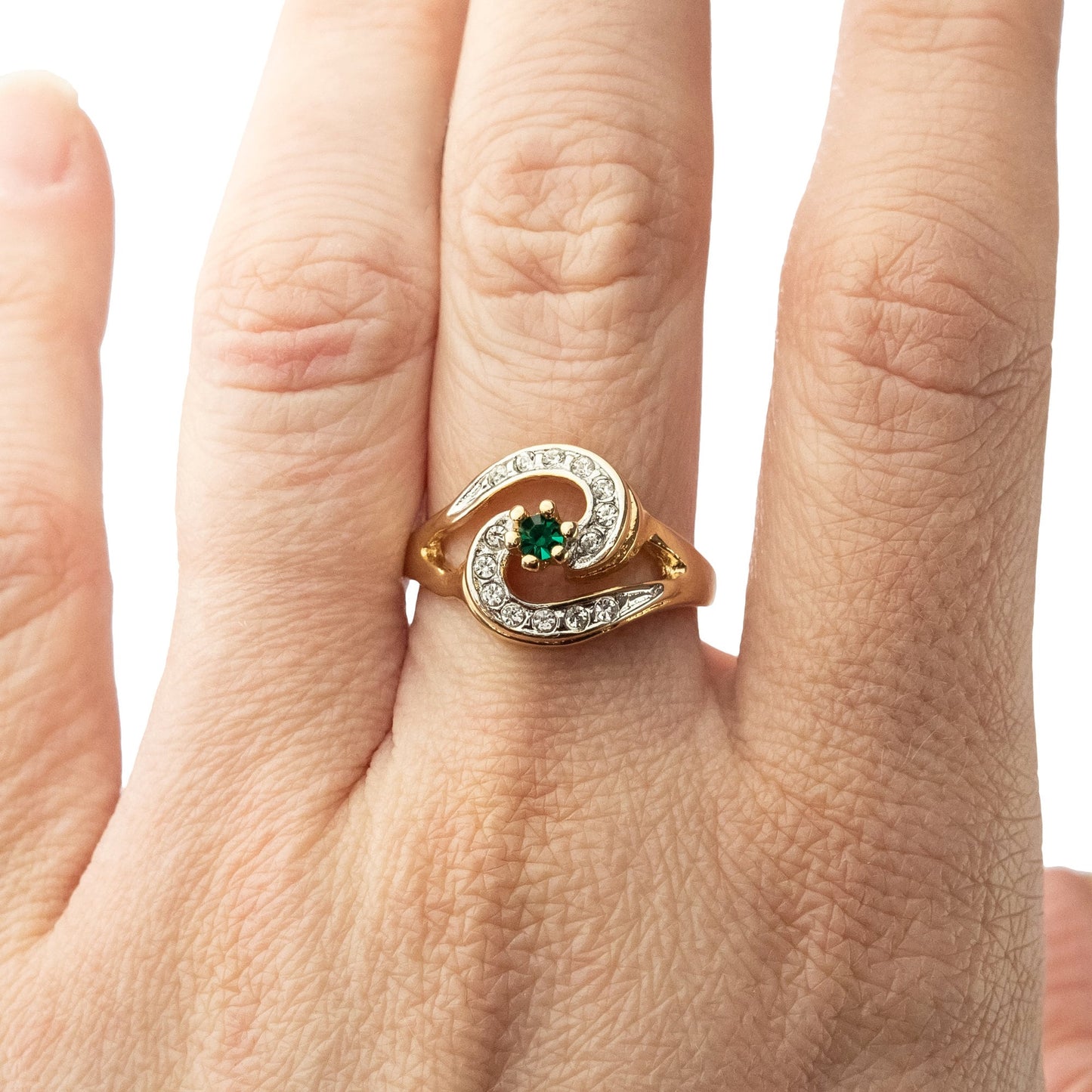 Vintage 18k Gold Plated Emerald Cubic Zirconia S-Shape Ring with Clear Austrian Crystals - Made in USA jewelry image 1
