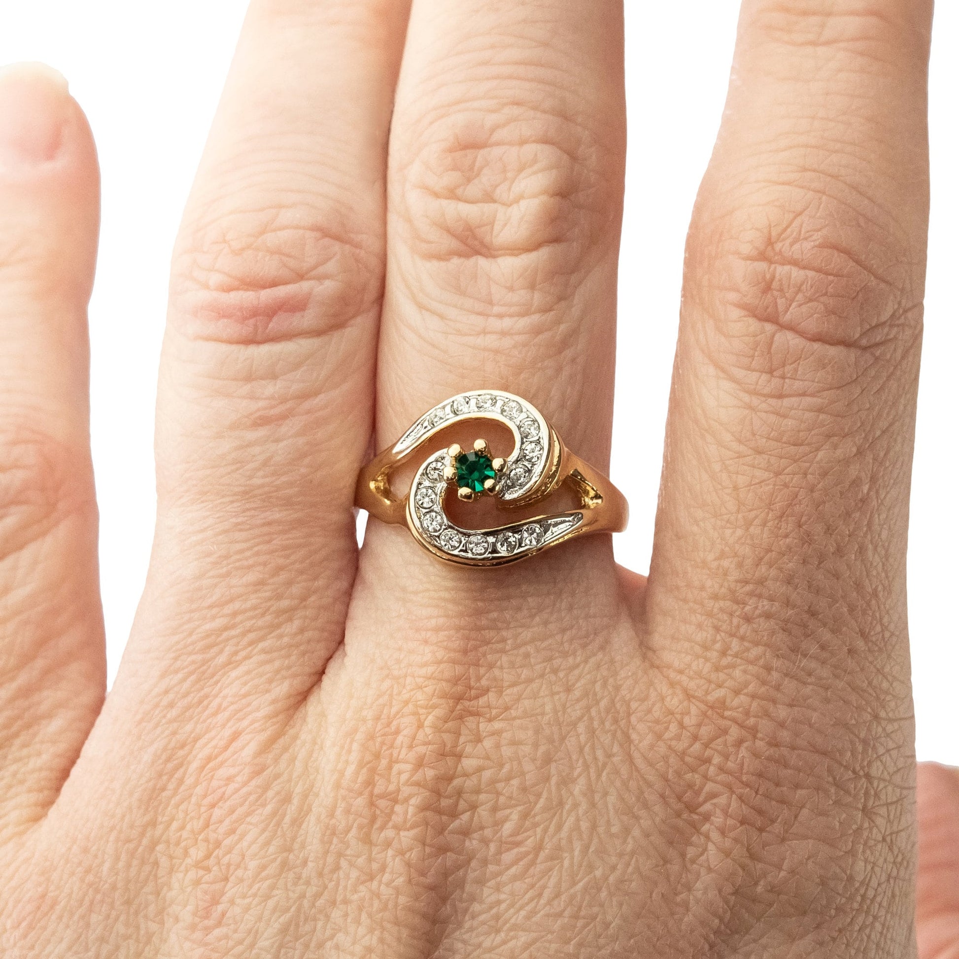Vintage 18k Gold Plated Emerald Cubic Zirconia S-Shape Ring with Clear Austrian Crystals - Made in USA jewelry image 1