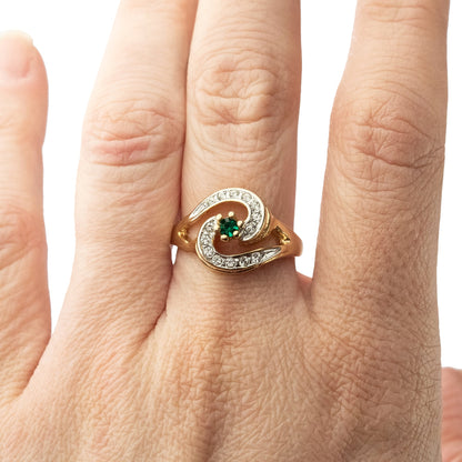 Vintage 18k Gold Plated Emerald Cubic Zirconia S-Shape Ring with Clear Austrian Crystals - Made in USA jewelry image 1