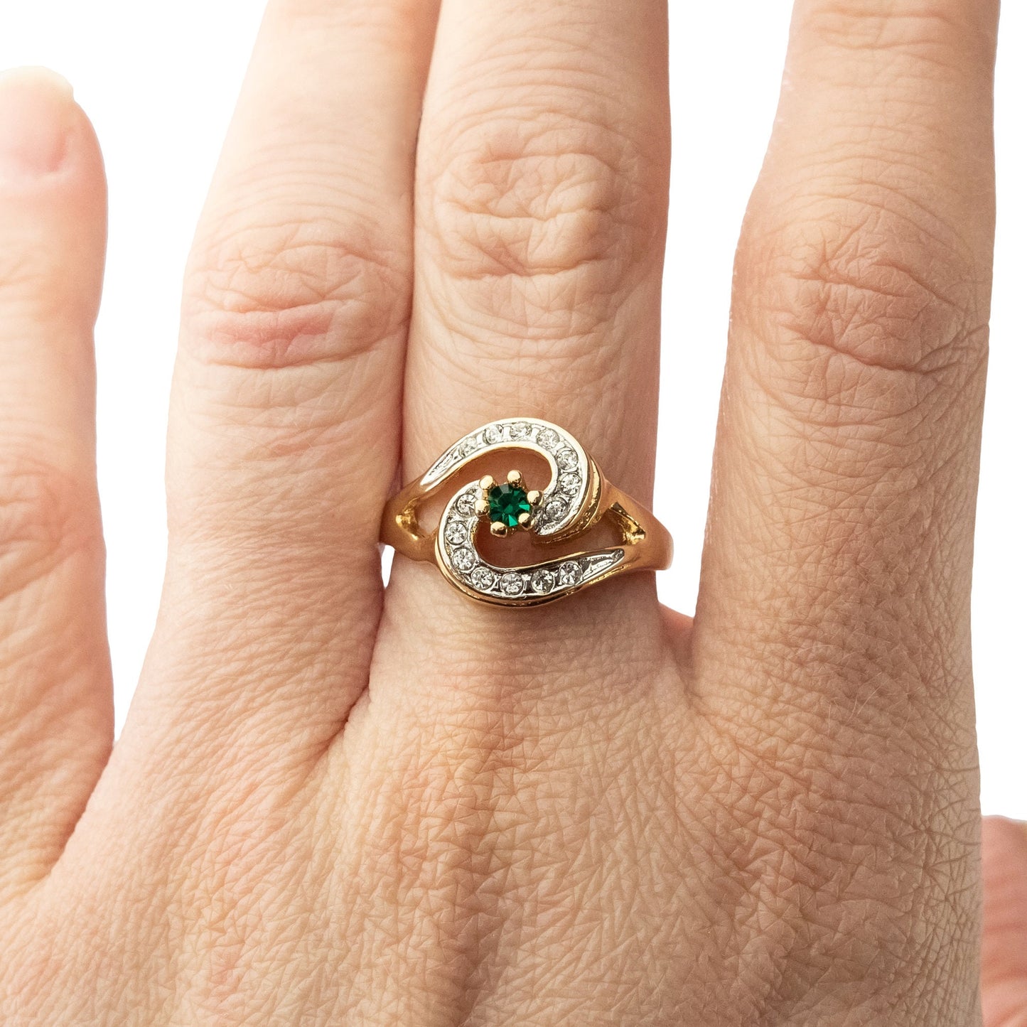 Vintage 18k HGE Two-Tone Ring with Emerald Cubic Zirconia and Clear Austrian Crystals - Made in USA jewelry image 1