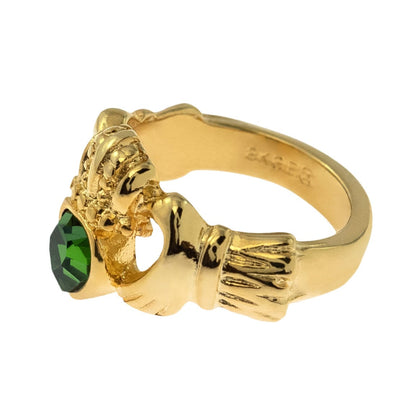 Vintage 1980s Green Tourmaline Austrian Crystal Claddagh Ring - 18k Yellow Gold Electroplated jewelry image 1