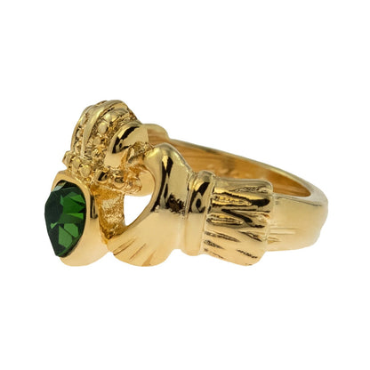 Vintage 1980s Green Tourmaline Austrian Crystal Claddagh Ring - 18k Yellow Gold Electroplated jewelry image 1
