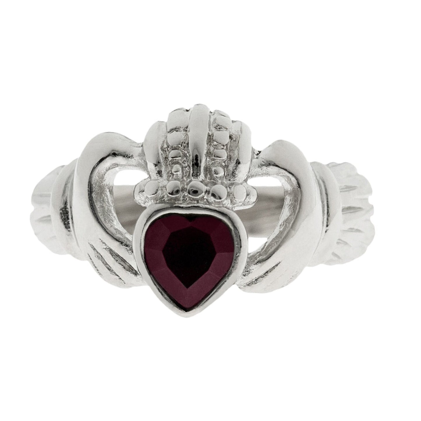 Vintage 1980s Garnet Austrian Crystal Claddagh Ring - 18k White Gold Electroplated jewelry image 1