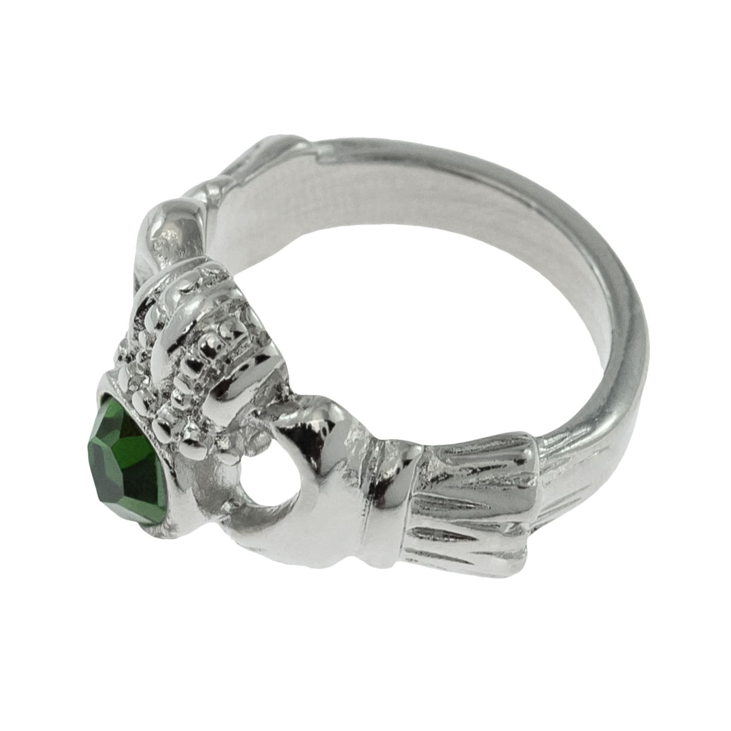 Vintage 1980s Green Tourmaline Austrian Crystal Claddagh Ring - 18k White Gold Electroplated jewelry image 1