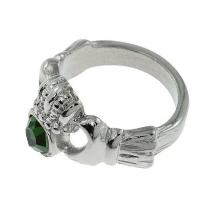 Vintage 1980s Green Tourmaline Austrian Crystal Claddagh Ring - 18k White Gold Electroplated jewelry image 1