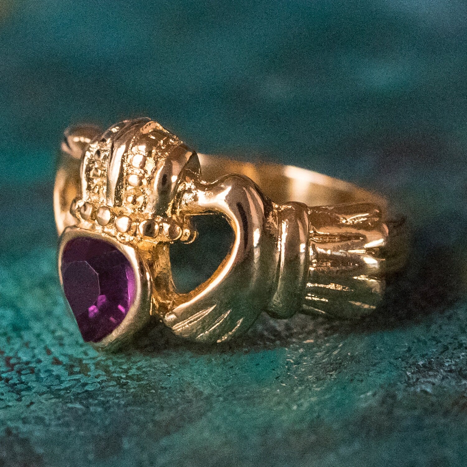 Vintage 1980s Amethyst Austrian Crystal Claddagh Ring - 18k Yellow Gold Electroplated jewelry image 1