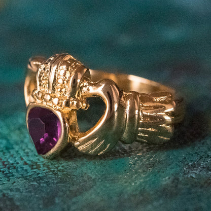 Vintage 1980s Amethyst Austrian Crystal Claddagh Ring - 18k Yellow Gold Electroplated jewelry image 1