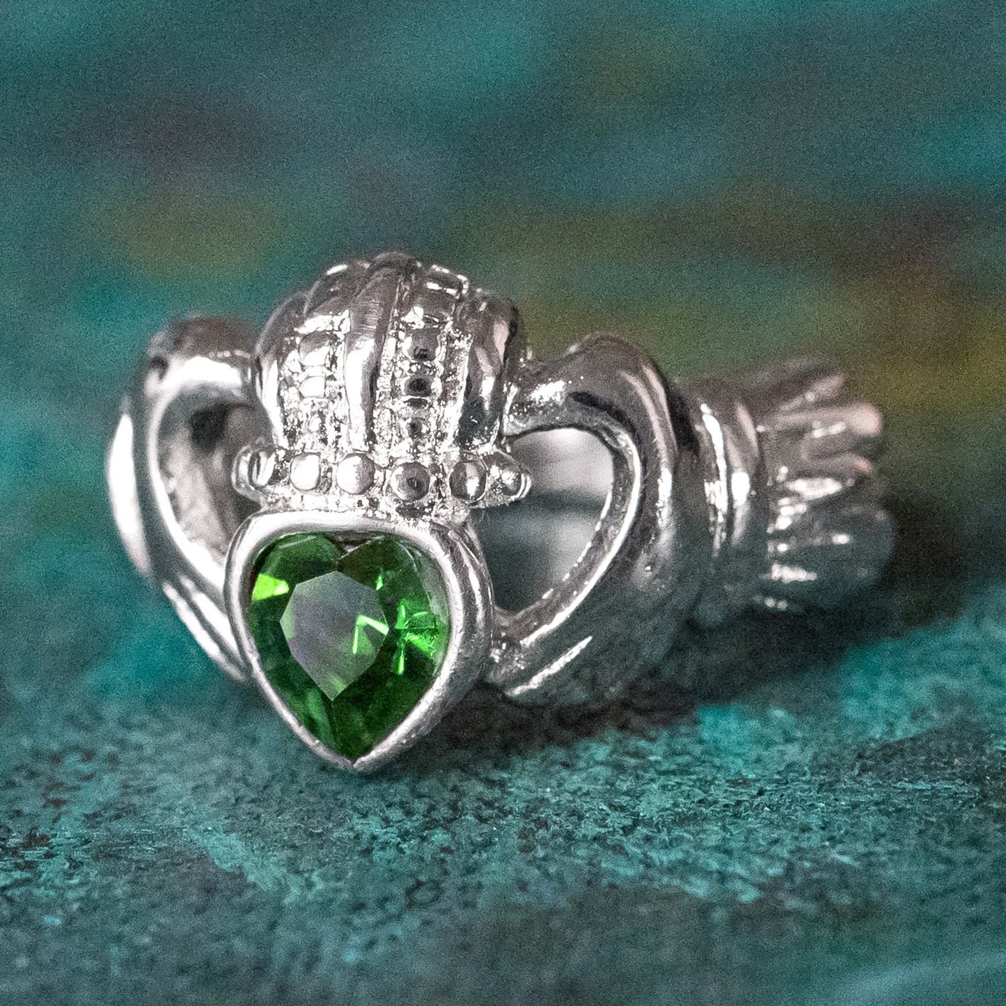 Vintage 1980s Green Tourmaline Austrian Crystal Claddagh Ring - 18k White Gold Electroplated jewelry image 1