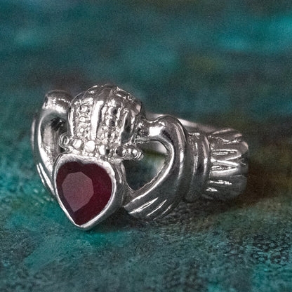 Vintage 1980s Garnet Austrian Crystal Claddagh Ring - 18k White Gold Electroplated jewelry image 1