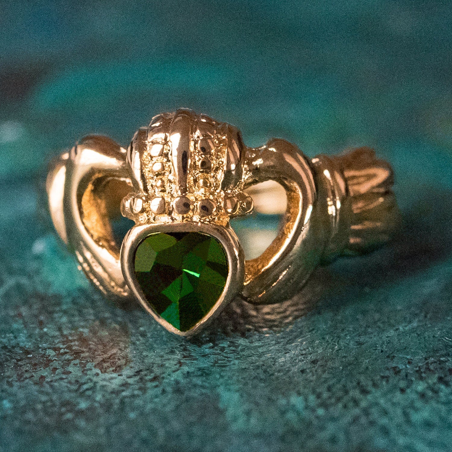Vintage 1980s Green Tourmaline Austrian Crystal Claddagh Ring - 18k Yellow Gold Electroplated jewelry image 1