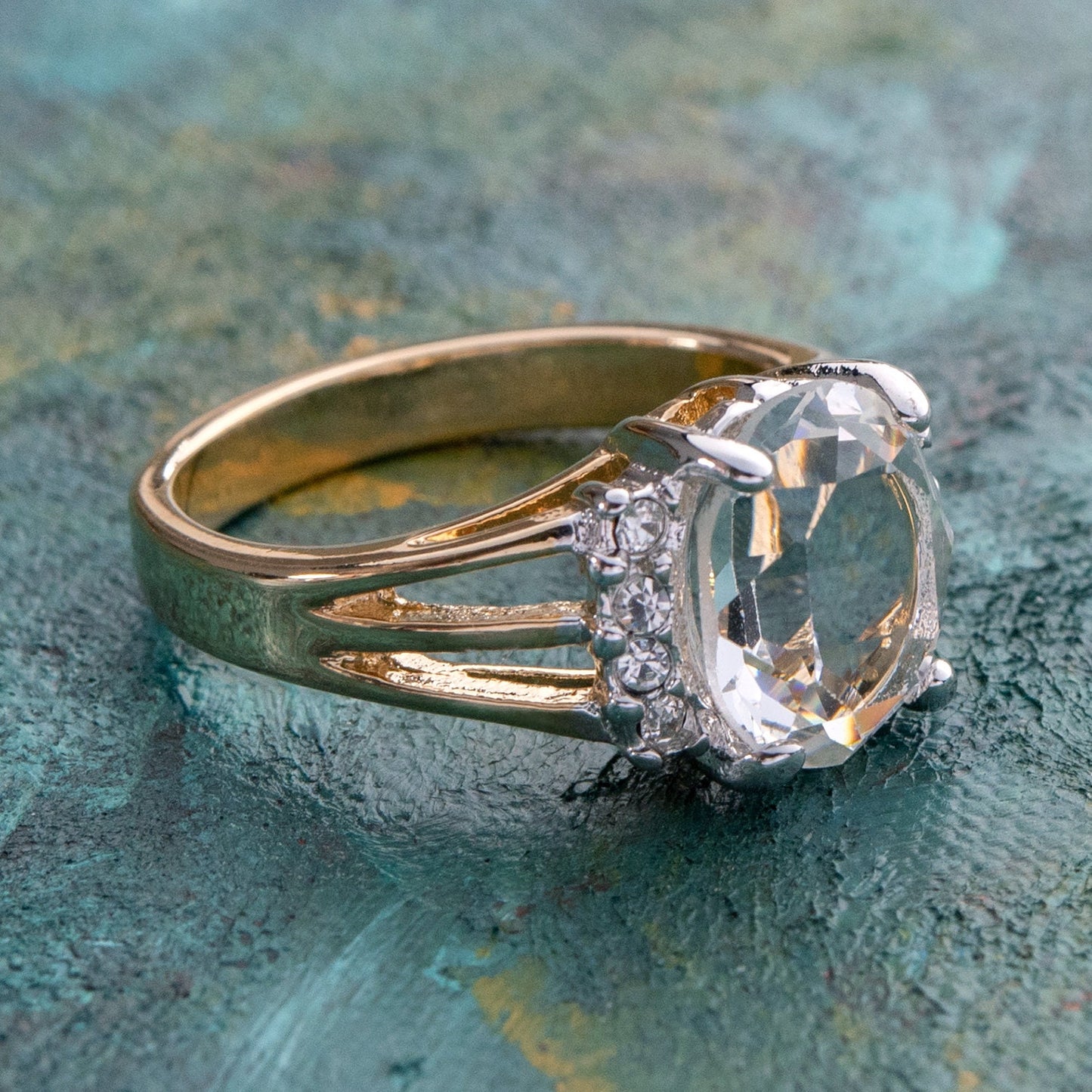 Vintage 1980s Clear Austrian Crystal Ring - 18k Yellow Gold Electroplated - Made in USA jewelry image 1