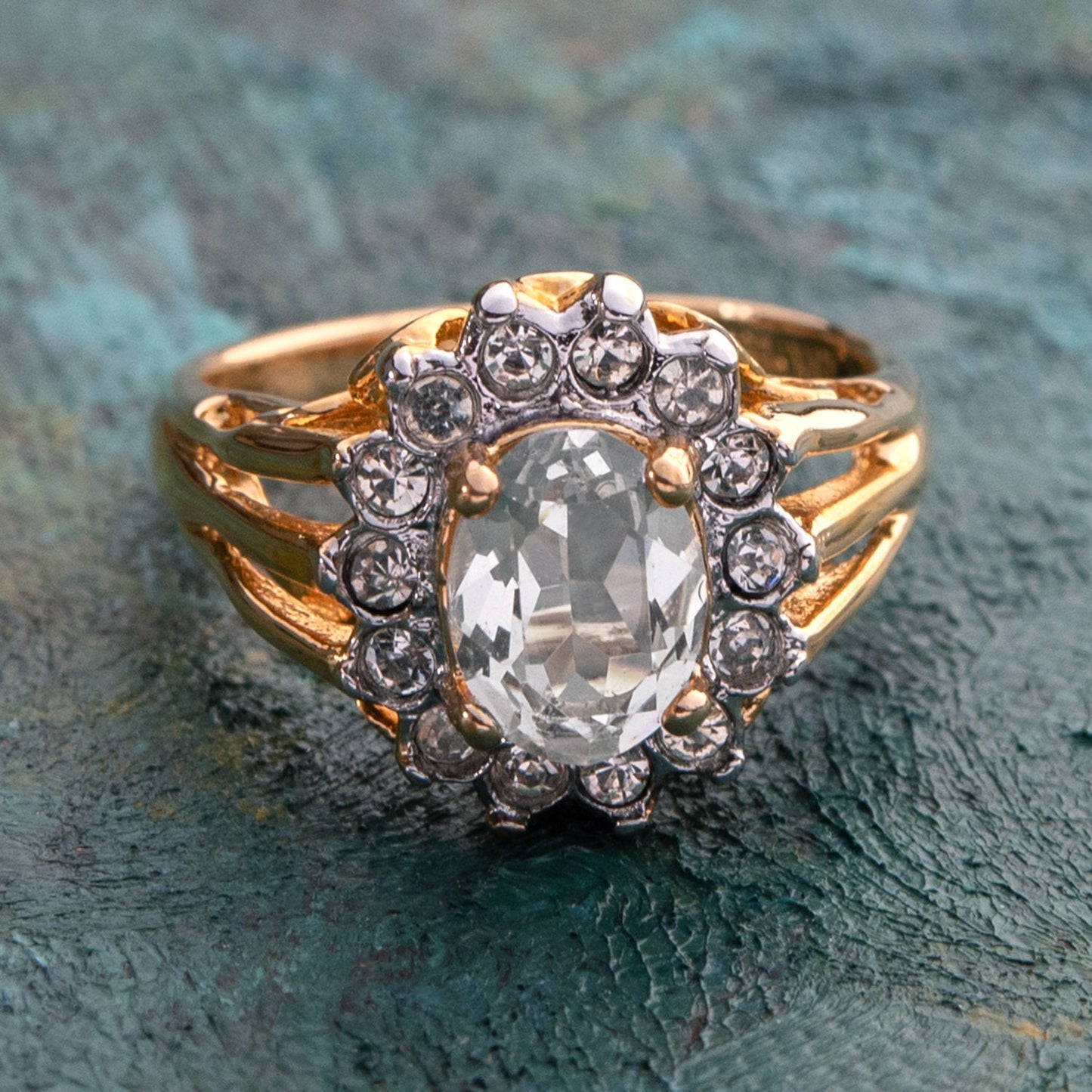 Vintage Clear Austrian Crystal Halo Ring - 18k Yellow Gold Electroplated - Made in USA jewelry image 1