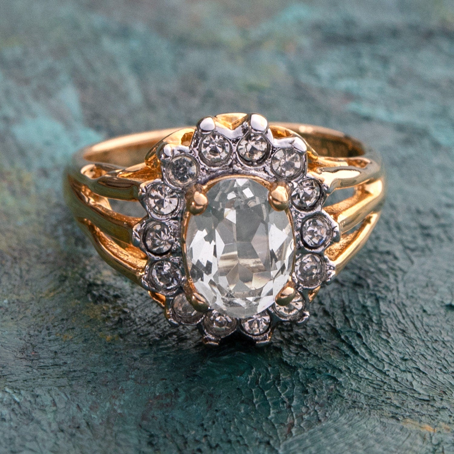 Vintage Clear Austrian Crystal Halo Ring - 18k Yellow Gold Electroplated - Made in USA jewelry image 1