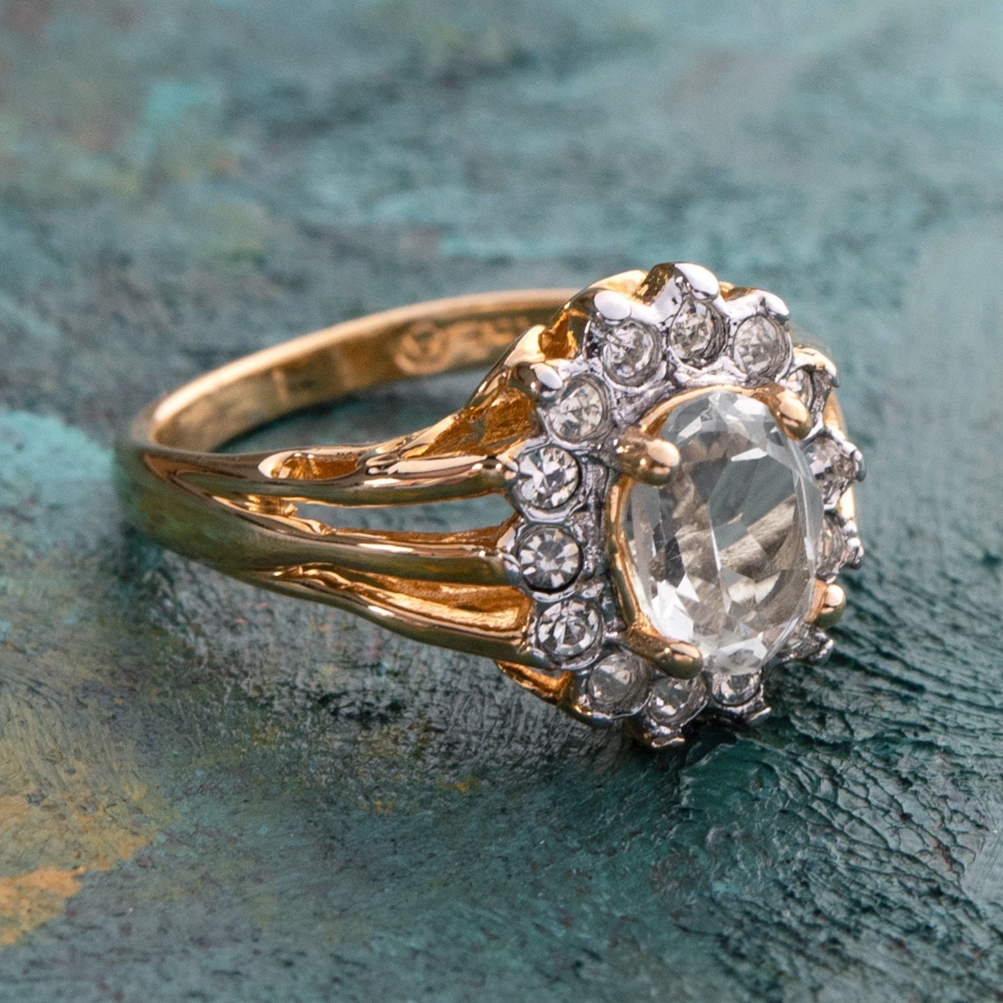 Vintage Clear Austrian Crystal Halo Ring - 18k Yellow Gold Electroplated - Made in USA jewelry image 1
