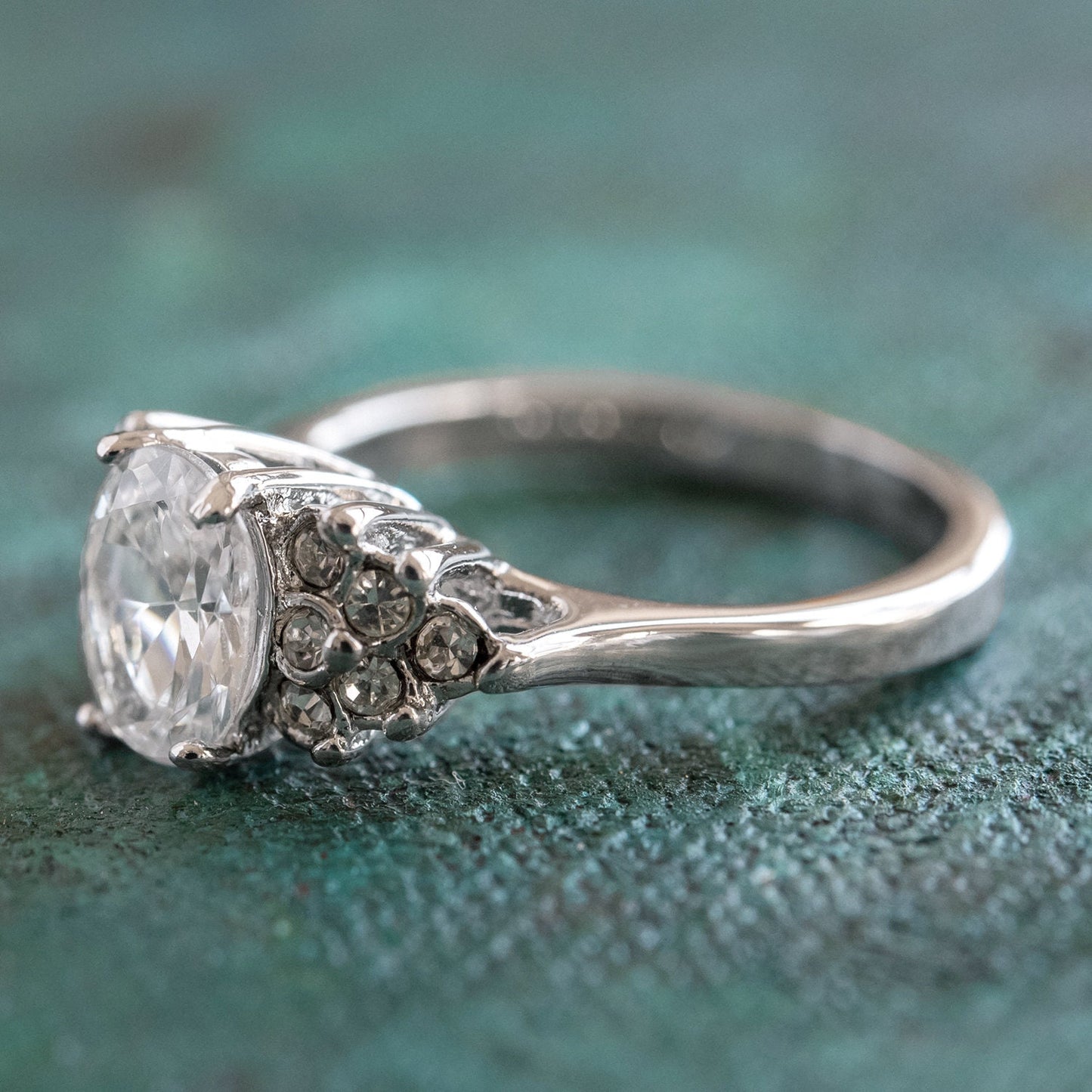 Vintage 1980s Clear Cubic Zirconia Oval Ring – 18kt White Gold Electroplated – Made in USA jewelry image 1