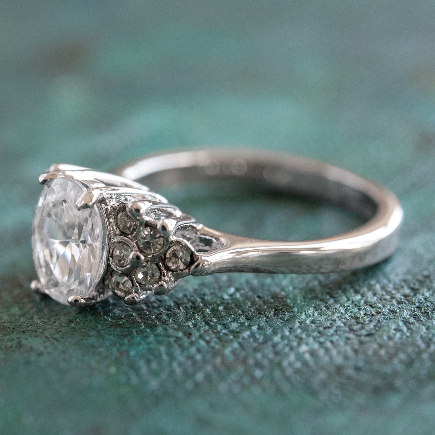 Vintage 1980s Clear Cubic Zirconia Oval Ring – 18kt White Gold Electroplated – Made in USA jewelry image 1