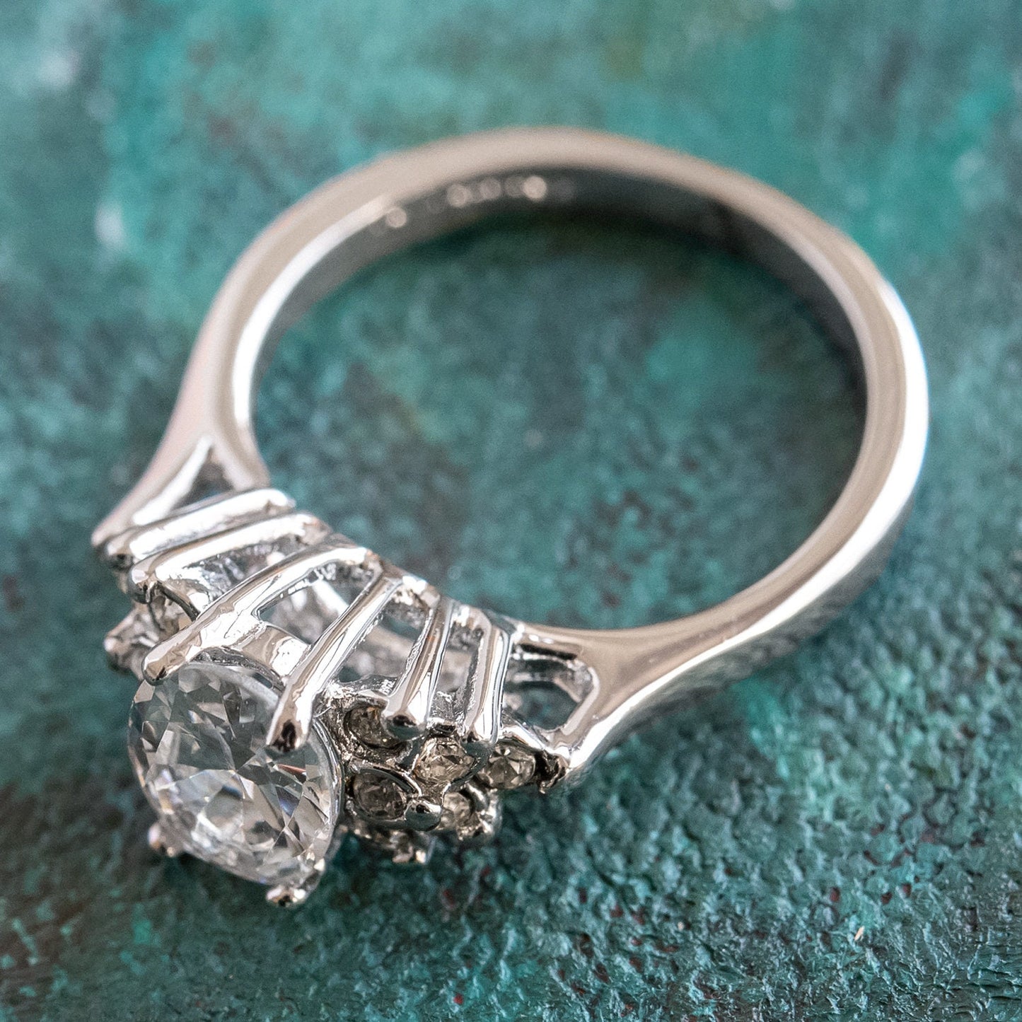 Vintage 1980s Clear Cubic Zirconia Oval Ring – 18kt White Gold Electroplated – Made in USA jewelry image 1