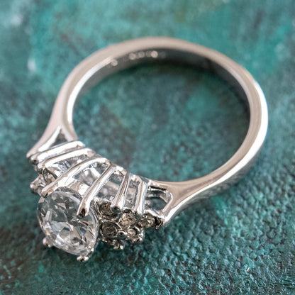 Vintage 1980s Clear Cubic Zirconia Oval Ring – 18kt White Gold Electroplated – Made in USA jewelry image 1