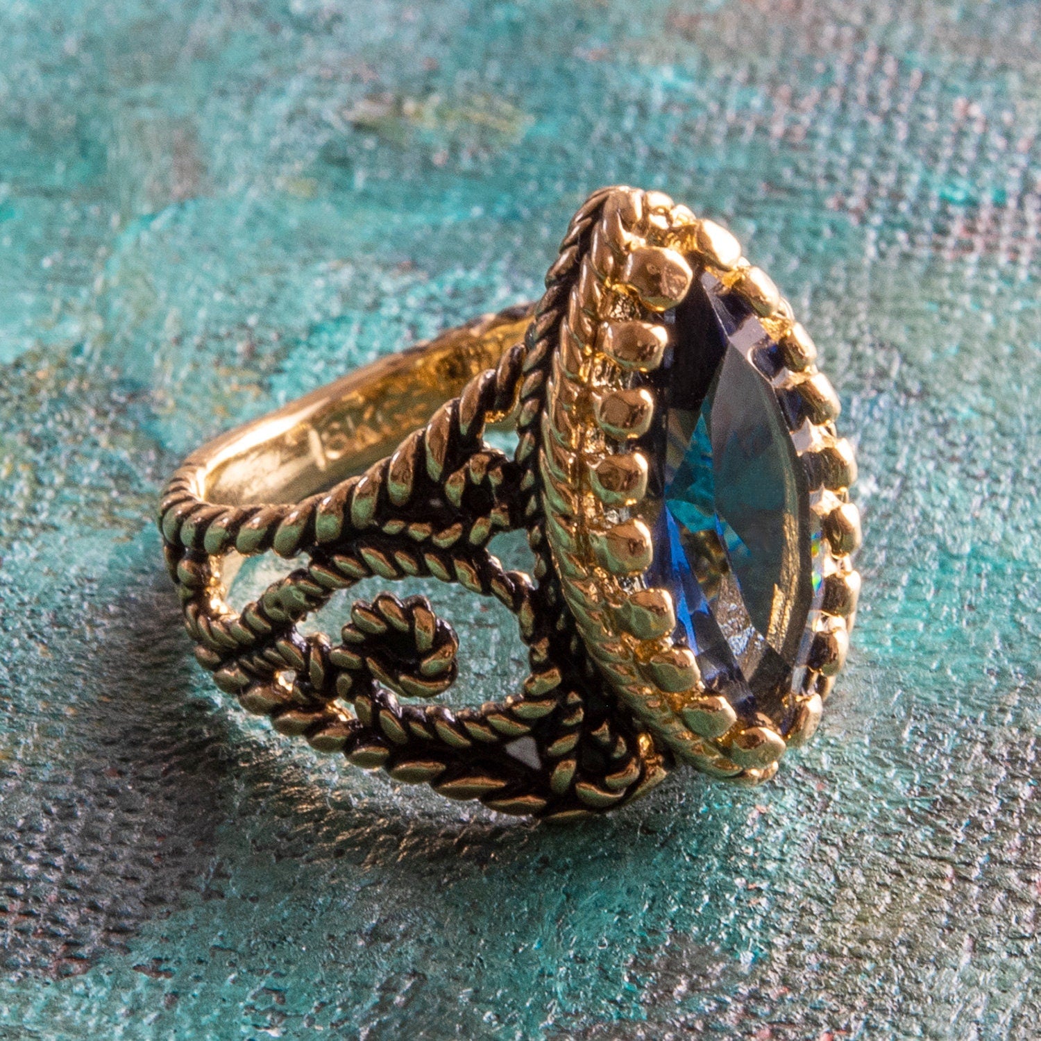 Vintage Edwardian Style Filigree Ring with Sapphire Austrian Crystal – 18k Gold Electroplated jewelry image 1