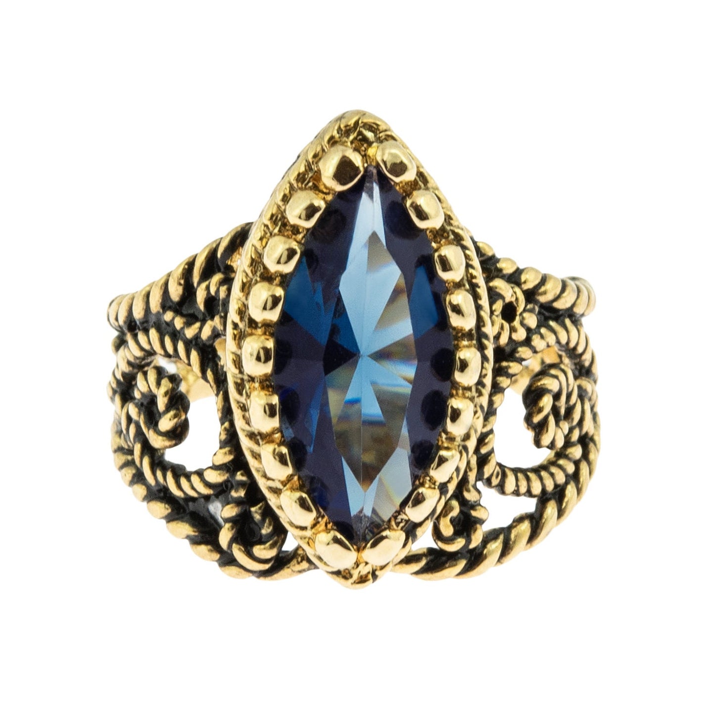Vintage Edwardian Style Filigree Ring with Sapphire Austrian Crystal – 18k Gold Electroplated jewelry image 1