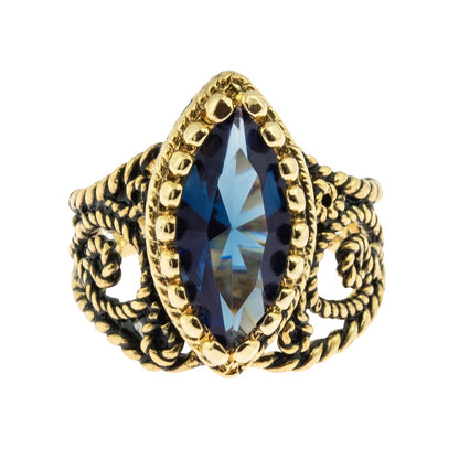 Vintage Edwardian Style Filigree Ring with Sapphire Austrian Crystal – 18k Gold Electroplated jewelry image 1