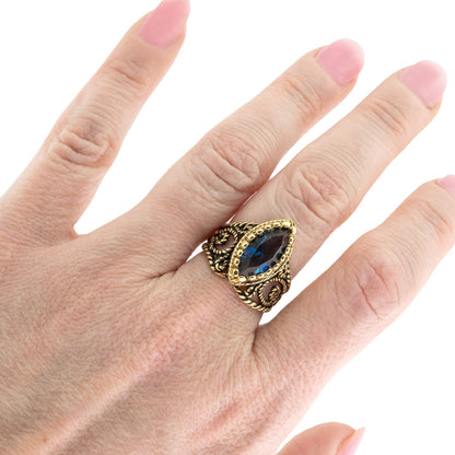 Vintage Edwardian Style Filigree Ring with Sapphire Austrian Crystal – 18k Gold Electroplated jewelry image 1