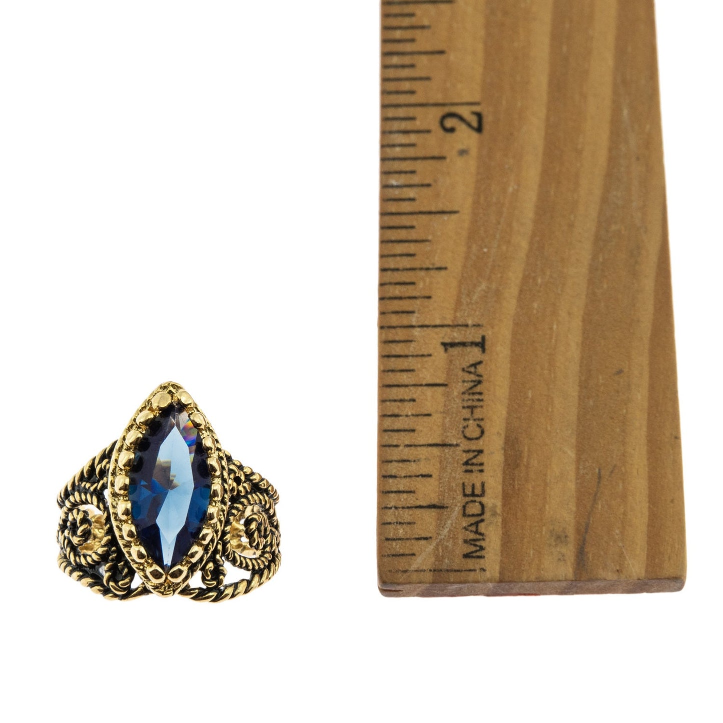 Vintage Edwardian Style Filigree Ring with Sapphire Austrian Crystal – 18k Gold Electroplated jewelry image 1