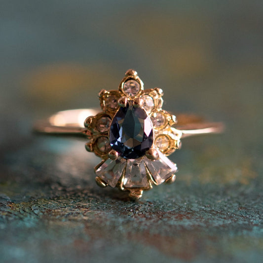 Vintage 1990s Sapphire and Clear Austrian Crystal 18k Gold Electroplated Cocktail Ring Made in USA jewelry image 1