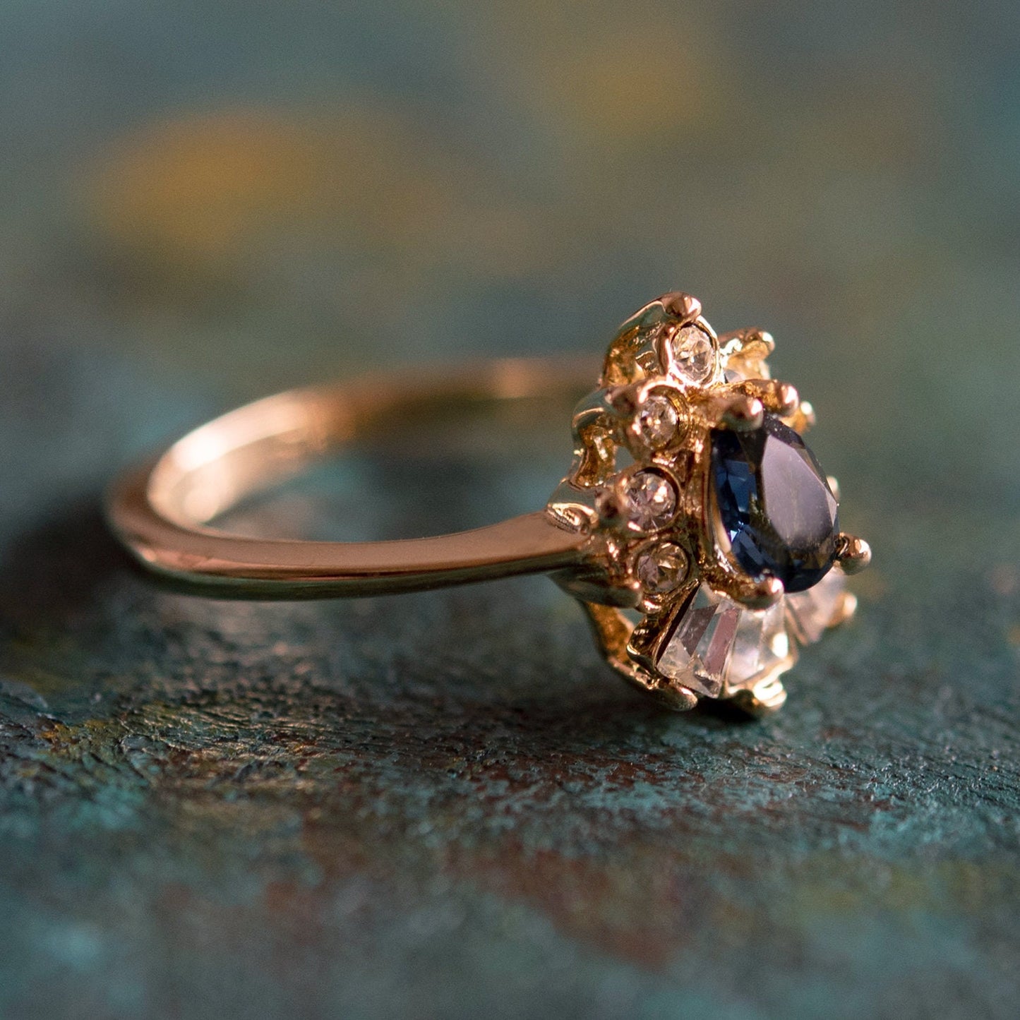 Vintage 1990s Sapphire and Clear Austrian Crystal 18k Gold Electroplated Cocktail Ring Made in USA jewelry image 1