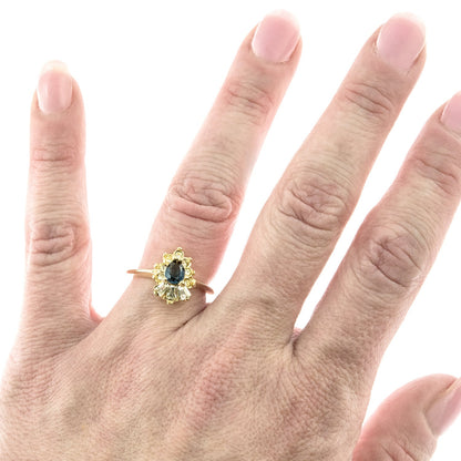Vintage 1990s Sapphire and Clear Austrian Crystal 18k Gold Electroplated Cocktail Ring Made in USA jewelry image 1