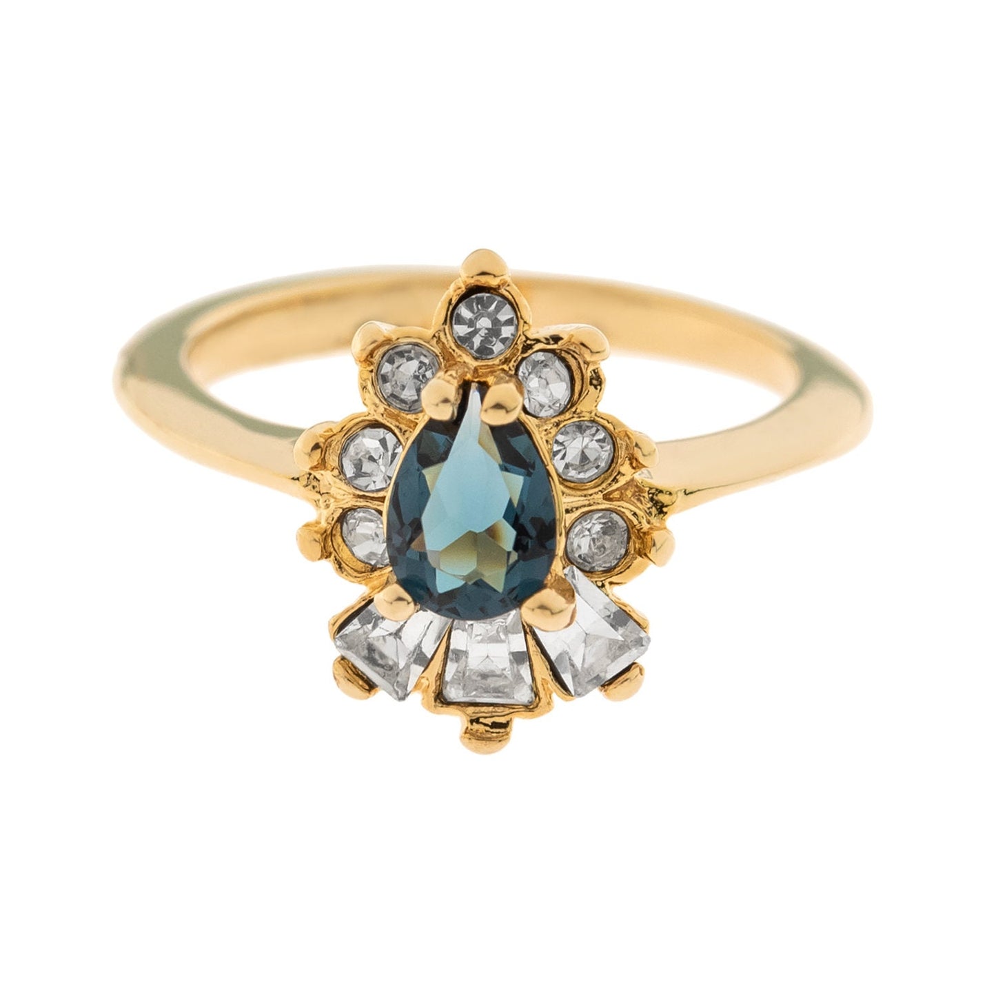 Vintage 1990s Sapphire and Clear Austrian Crystal 18k Gold Electroplated Cocktail Ring Made in USA jewelry image 1