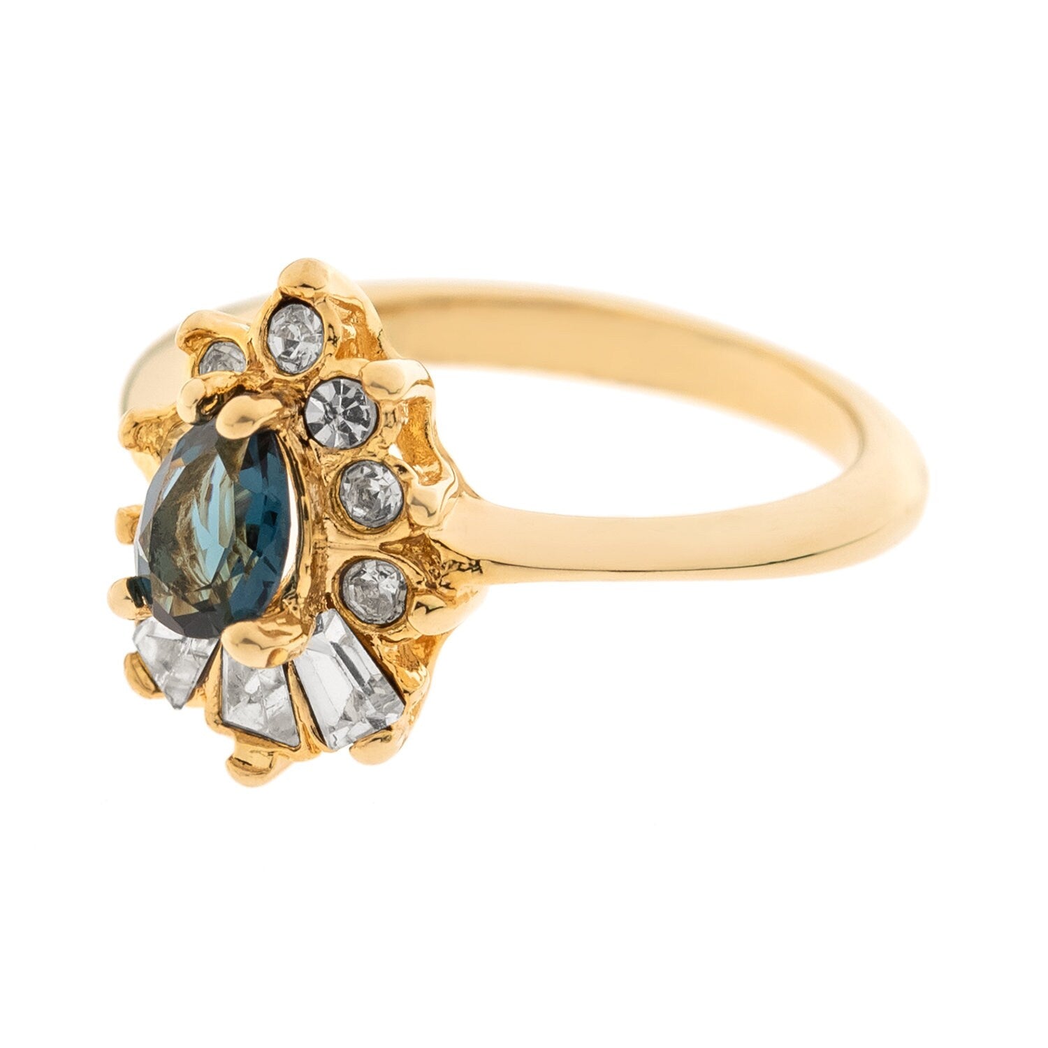 Vintage 1990s Sapphire and Clear Austrian Crystal 18k Gold Electroplated Cocktail Ring Made in USA jewelry image 1