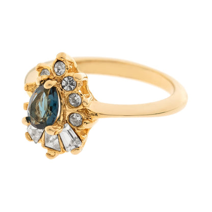 Vintage 1990s Sapphire and Clear Austrian Crystal 18k Gold Electroplated Cocktail Ring Made in USA jewelry image 1