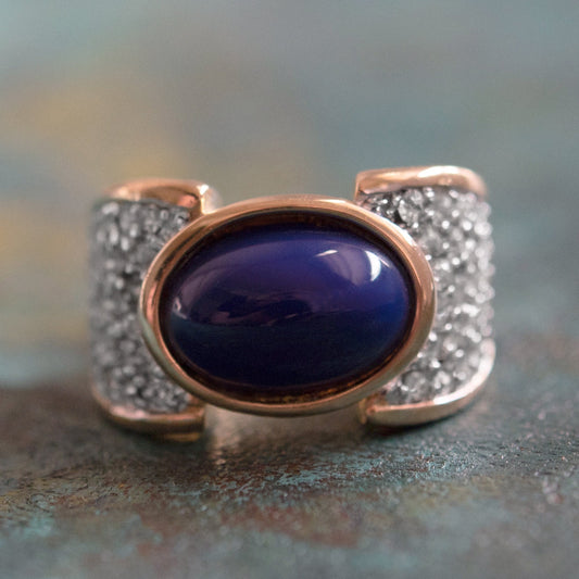 Vintage Lapis Lazuli Bead and Clear Austrian Crystal Cocktail Ring – 18k Yellow Gold Electroplated jewelry image 1