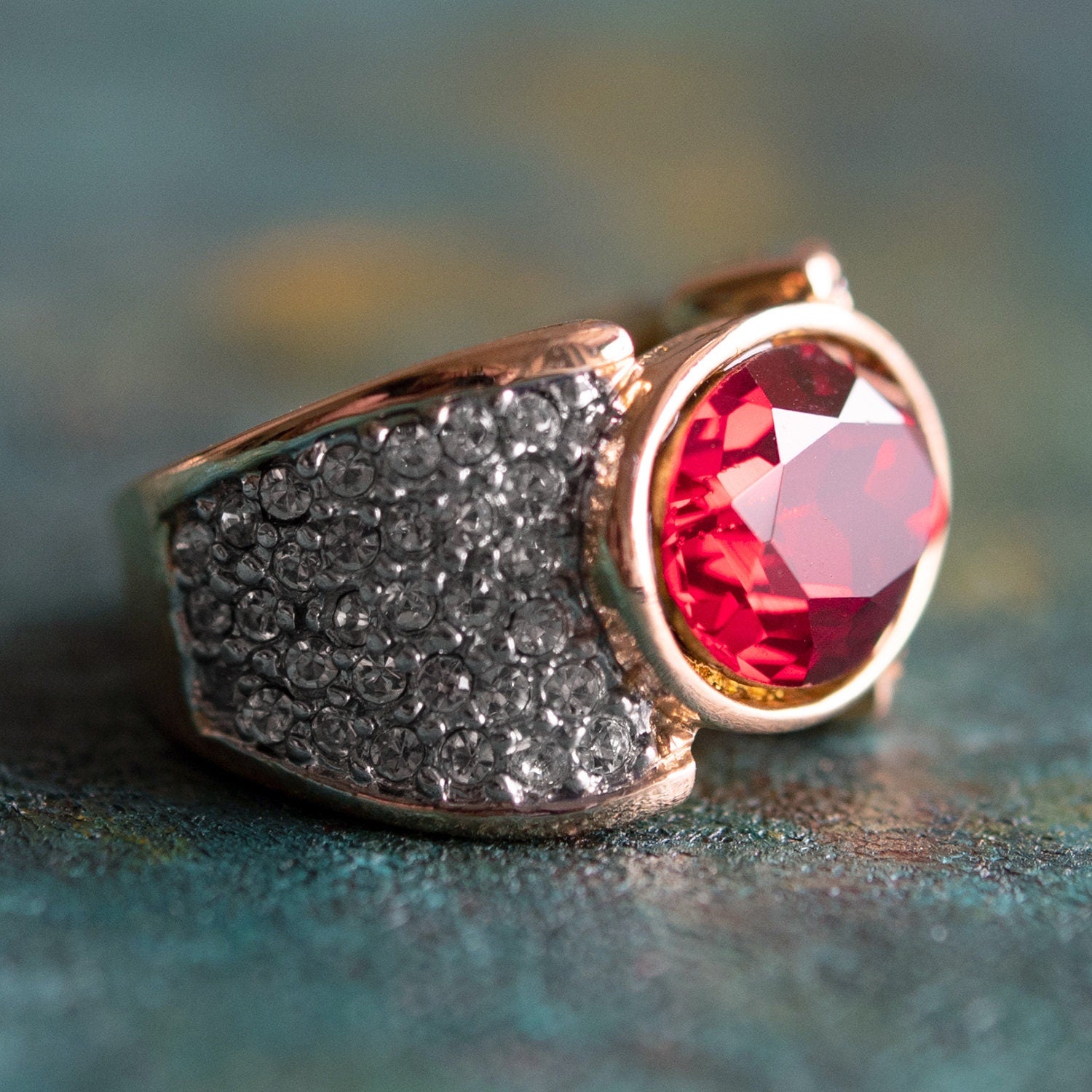 Vintage Ruby Crystal Cocktail Ring - 18k Yellow Gold Electroplated with Austrian Crystals jewelry image 1