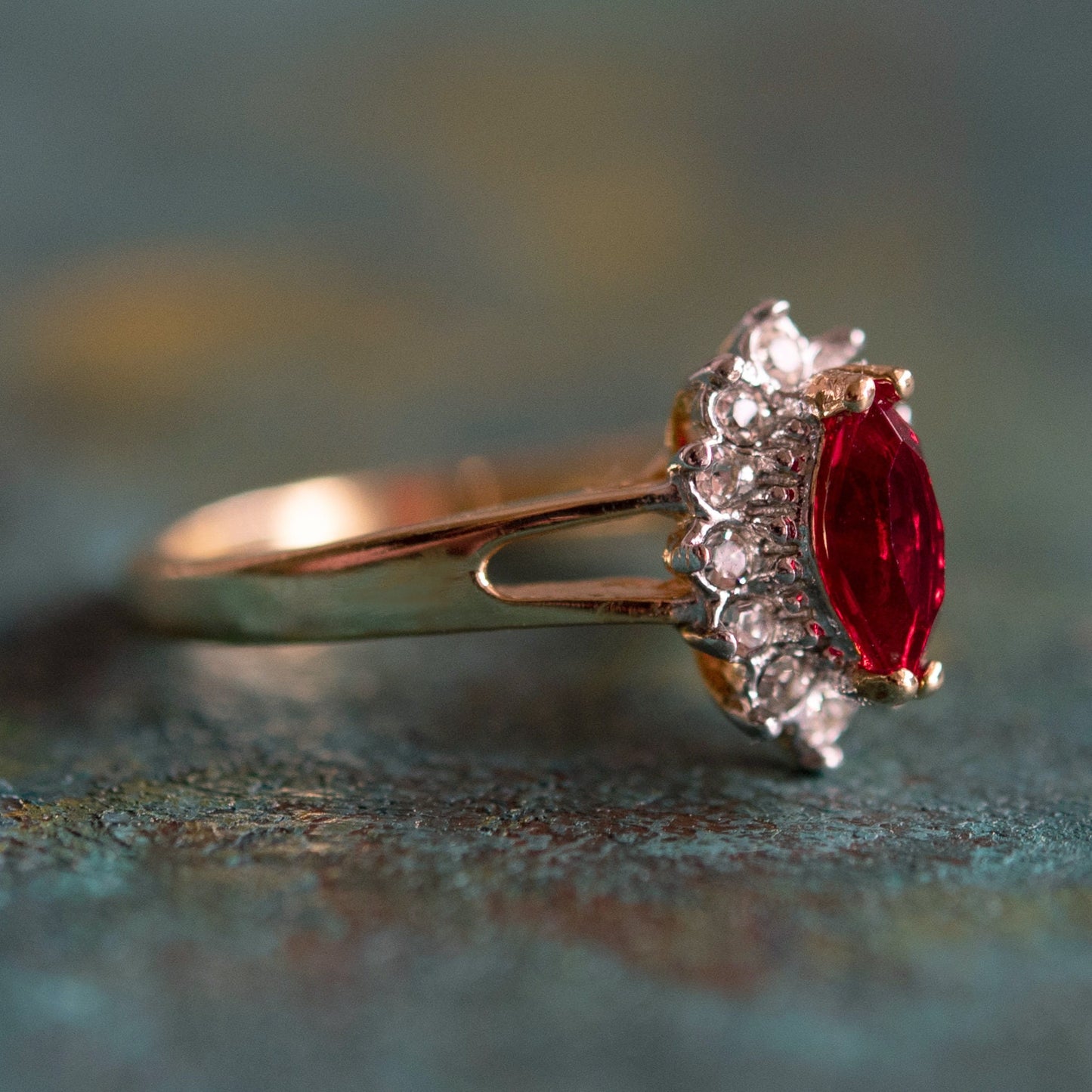 Vintage 1980s Ruby and Clear Austrian Crystal Ring - 18kt Yellow Gold Electroplated - Made in USA jewelry image 1
