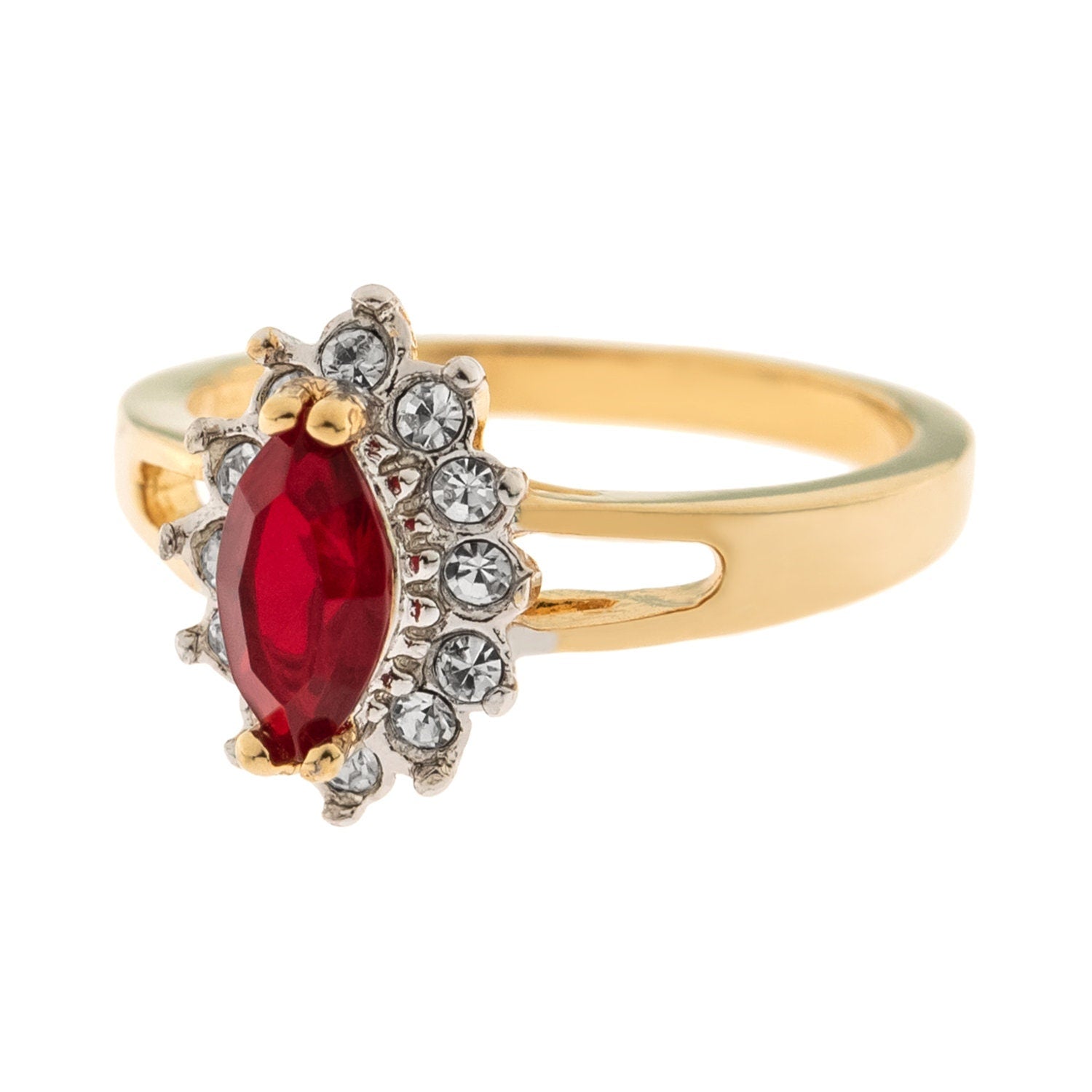 Vintage 1980s Ruby and Clear Austrian Crystal Ring - 18kt Yellow Gold Electroplated - Made in USA jewelry image 1