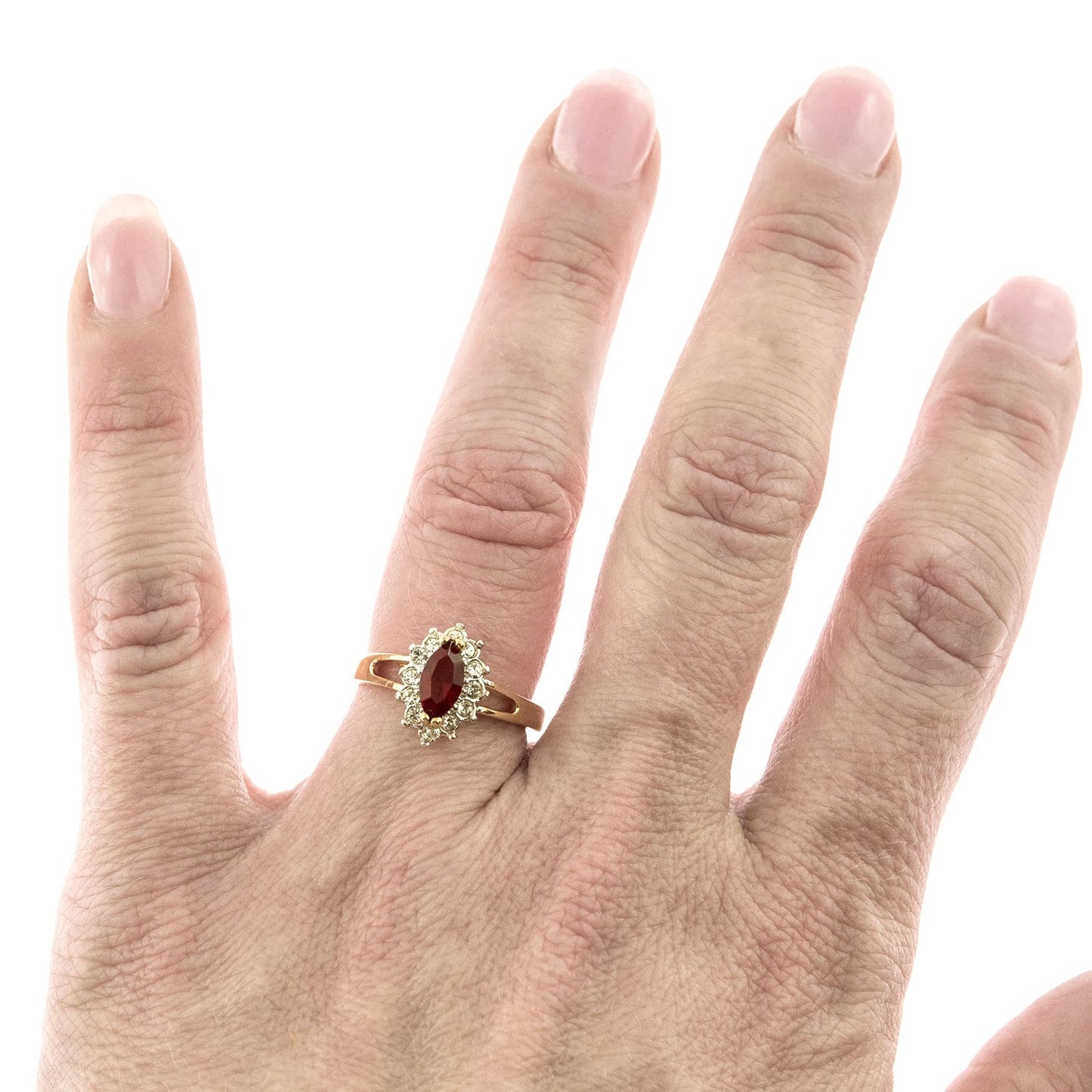 Vintage 1980s Ruby and Clear Austrian Crystal Ring - 18kt Yellow Gold Electroplated - Made in USA jewelry image 1