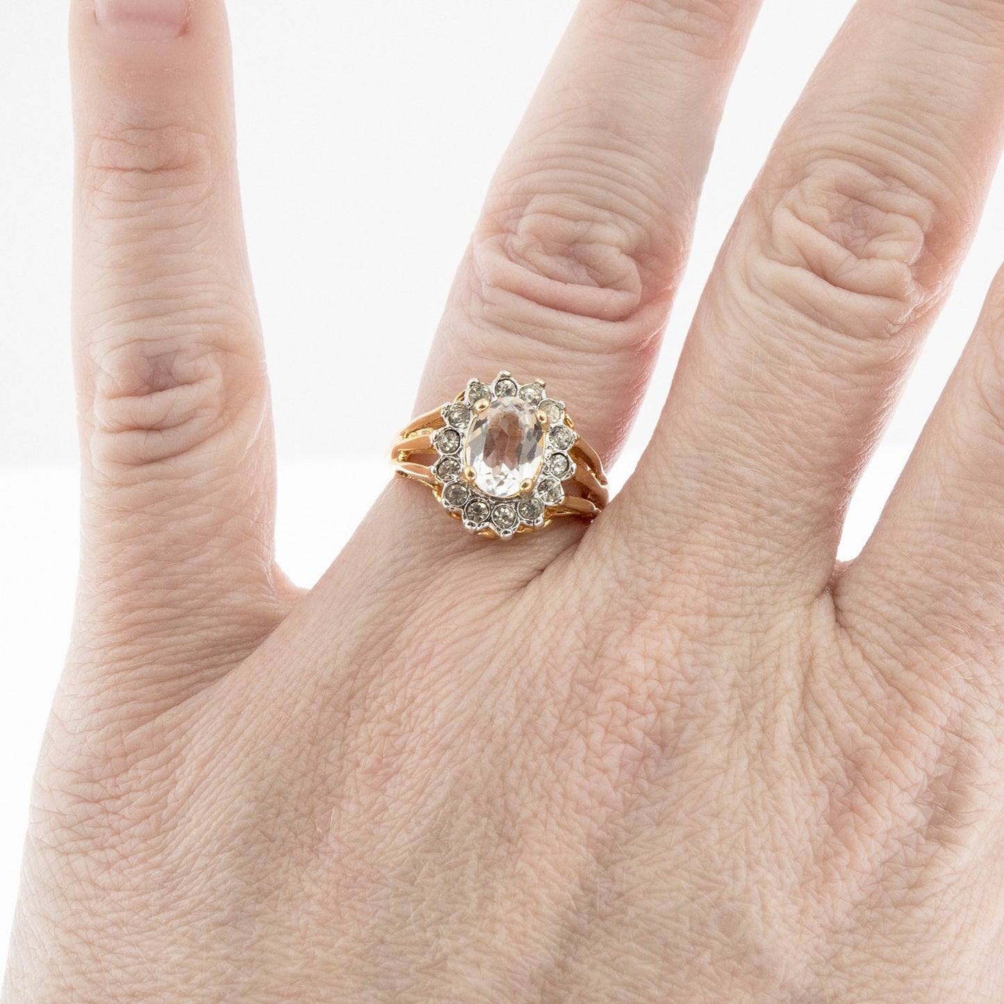 Vintage Clear Austrian Crystal Halo Ring - 18k Yellow Gold Electroplated - Made in USA jewelry image 1
