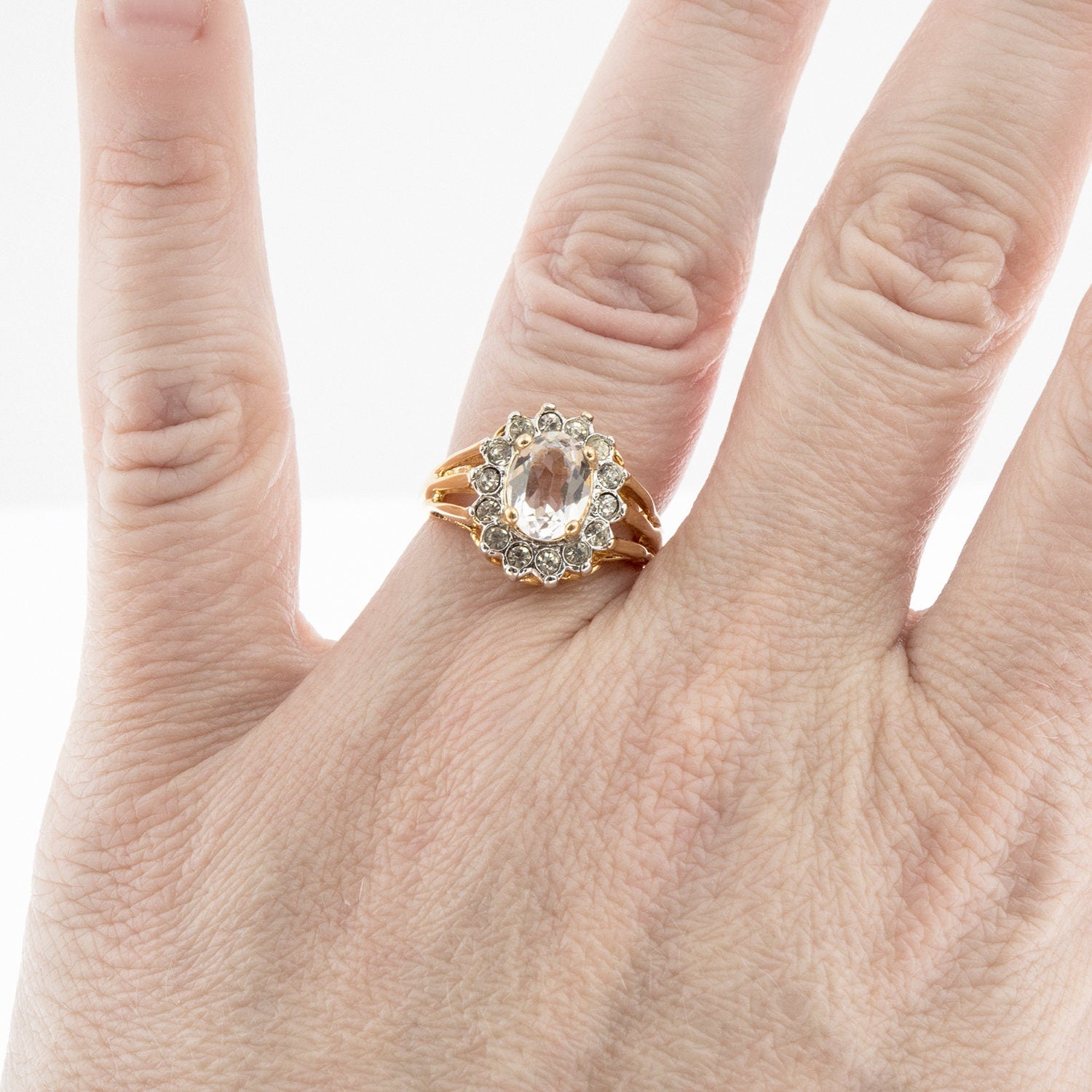 Vintage Clear Austrian Crystal Halo Ring - 18k Yellow Gold Electroplated - Made in USA jewelry image 1