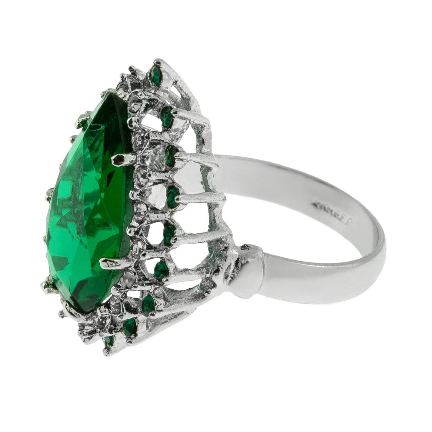 Victorian Style 18k HGE White Gold Cocktail Ring with Emerald Green and Black Austrian Crystals #R212 jewelry image 1