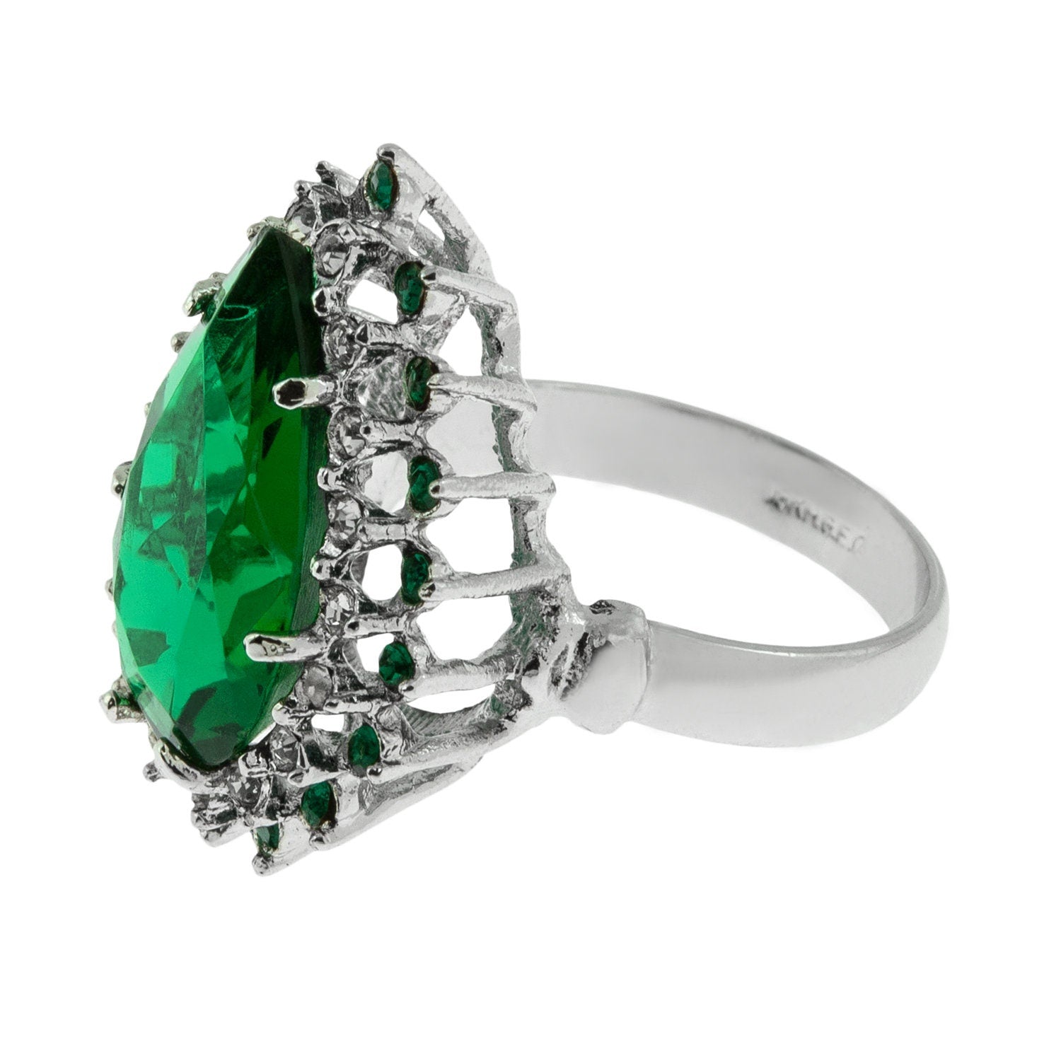 Victorian Style 18k HGE White Gold Cocktail Ring with Emerald Green and Black Austrian Crystals #R212 jewelry image 1