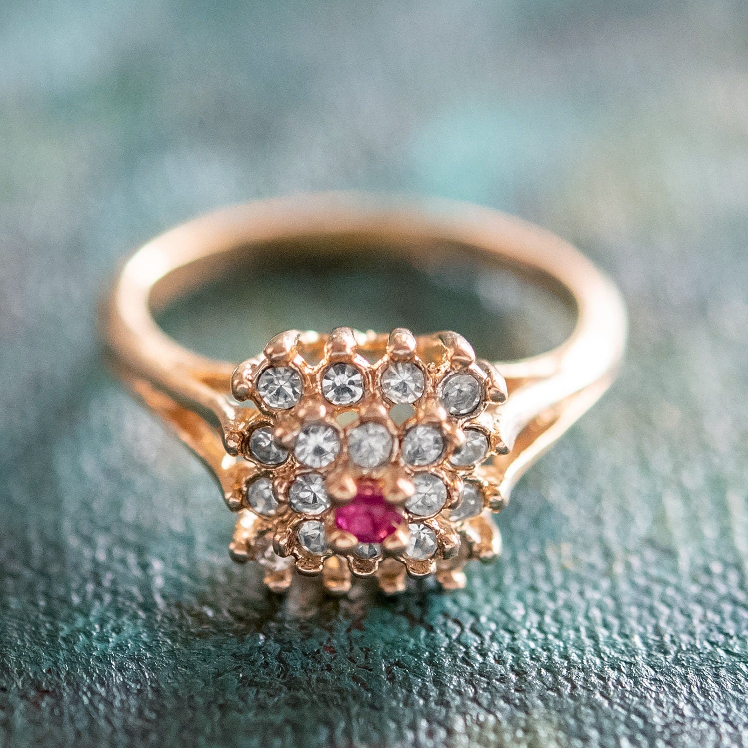 Vintage Genuine Ruby and Clear Austrian Crystal Cluster Ring – 18k Yellow Gold Electroplated jewelry image 1