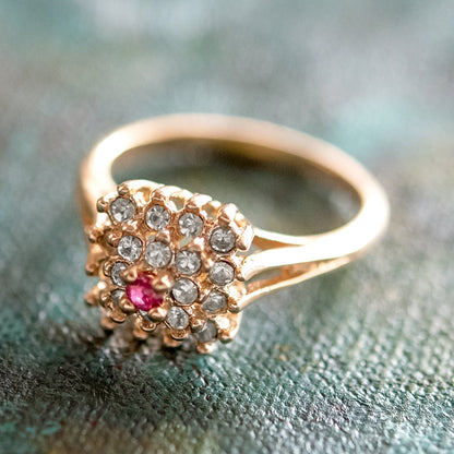 Vintage Genuine Ruby and Clear Austrian Crystal Cluster Ring – 18k Yellow Gold Electroplated jewelry image 1