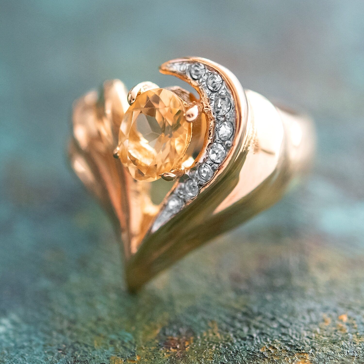 Vintage 1980s Genuine Citrine and Clear Austrian Crystal Ring - 18k Yellow Gold Electroplated - Made in USA jewelry image 1