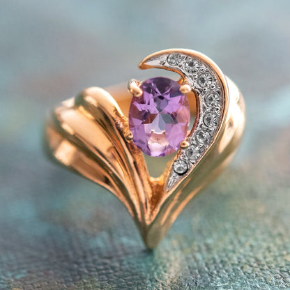 Vintage 1980s Genuine Amethyst and Clear Austrian Crystal Ring - 18k Yellow Gold Electroplated - Made in USA jewelry image 1
