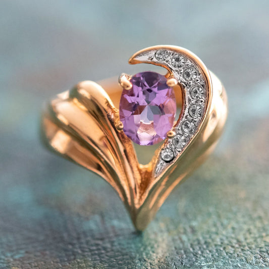 Vintage 1980s Genuine Amethyst and Clear Austrian Crystal Ring - 18k Yellow Gold Electroplated - Made in USA jewelry image 1
