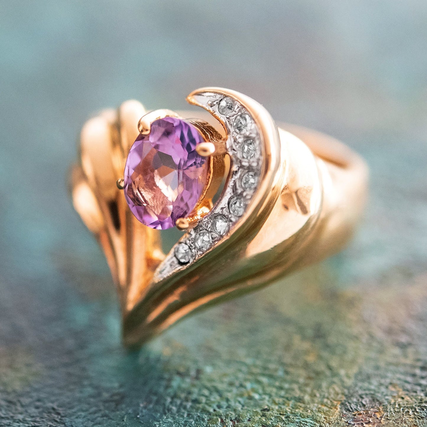 Vintage 1980s Genuine Amethyst and Clear Austrian Crystal Ring - 18k Yellow Gold Electroplated - Made in USA jewelry image 1