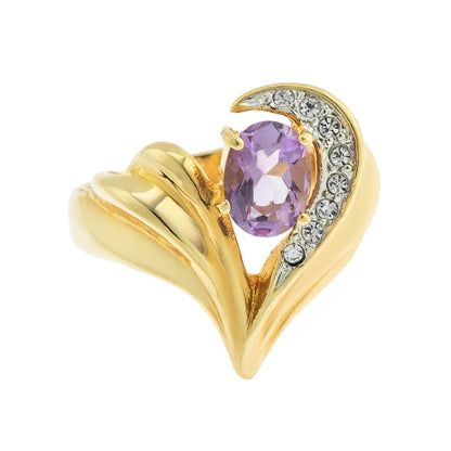 Vintage 1980s Genuine Amethyst and Clear Austrian Crystal Ring - 18k Yellow Gold Electroplated - Made in USA jewelry image 1